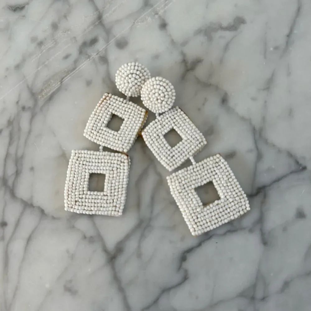 Vintage White Beaded Double Square Geometric Drop Earrings Ivory